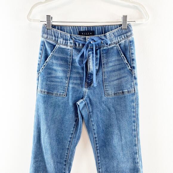 Risen Denim Mid Rise Flare Jeans With Drawstring and Front Pockets Blue 5 / 27 - Picture 11 of 13